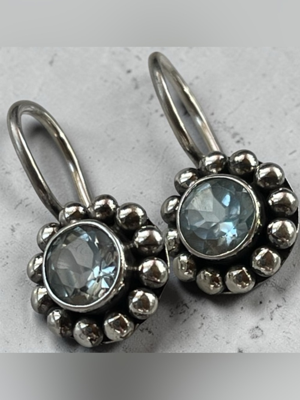 Signed IRI Sterling Silver Blue Topaz Halo Drop Earrings